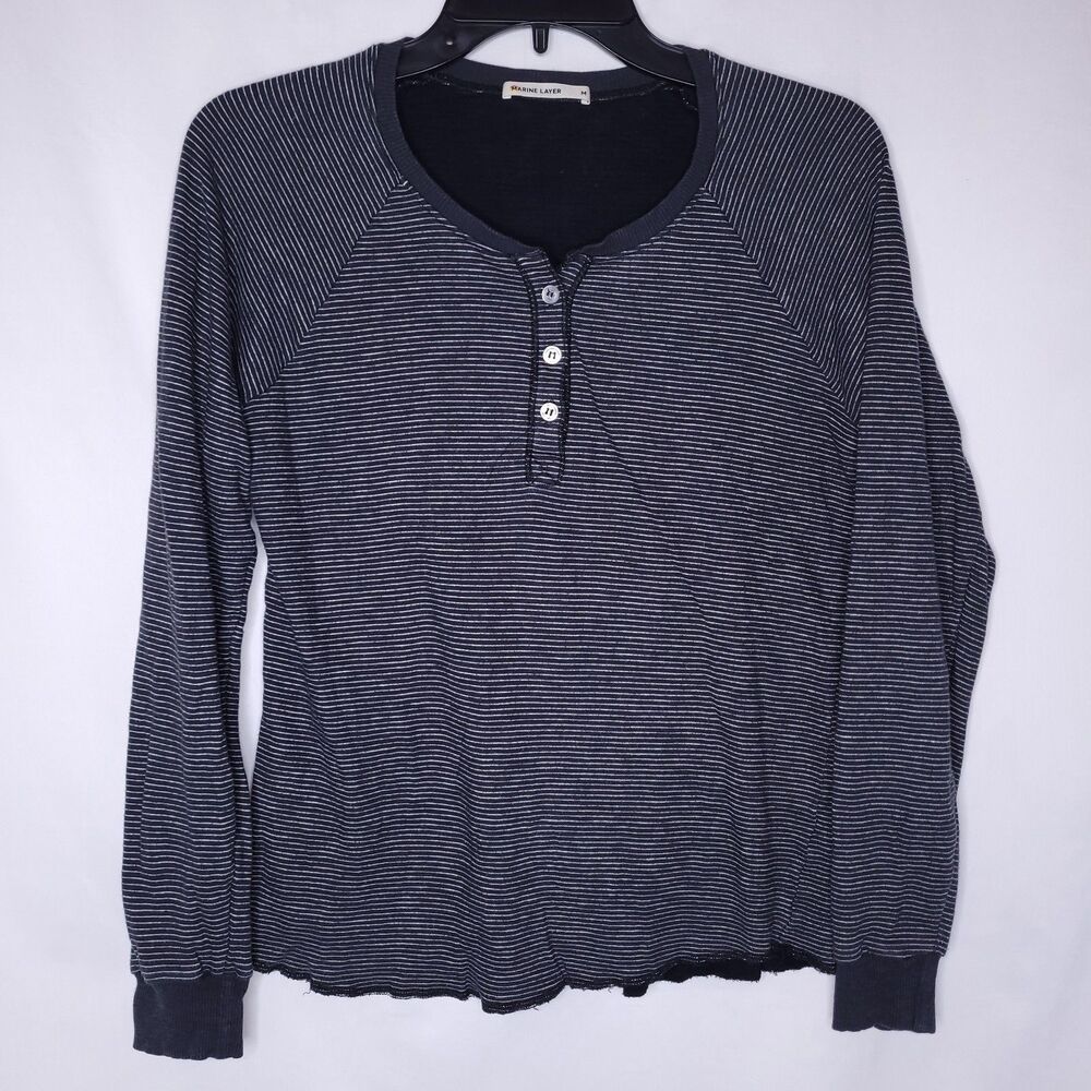 Marine Layer Henley Shirt Womens Medium Striped Black Long Sleeve Supima Cotton